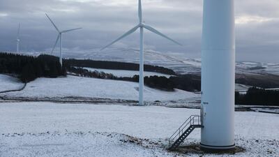 Wind turbines harness the natural green energy in the Scottish Borders in Galashiels, Scotland. Getty Images
