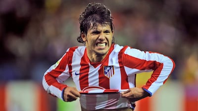 Atletico Madrid's Sergio Aguero celebrates after scoring against Barcelona in a La Liga match at the Vicente Calderon Stadium in March, 2009. AP