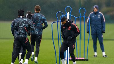 Gabriel Jesus trains with Arsenal teammates. Reuters