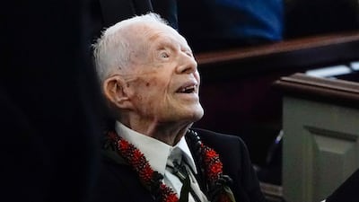 Jimmy Carter at the funeral service for his wife, Rosalynn Carter, in November 2023. AP