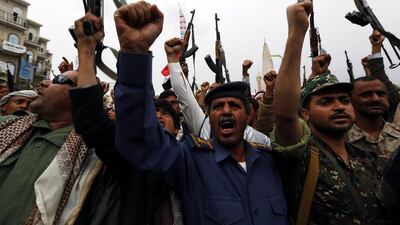 Houthi supporters shout anti-Saudi slogans during a rally in Sanaa. Yahya Arhab / EPA