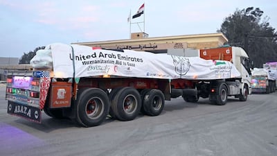 Convoys carrying various Emirati humanitarian aid cross into the Gaza Strip via the Rafah Crossing. Photo: Wam