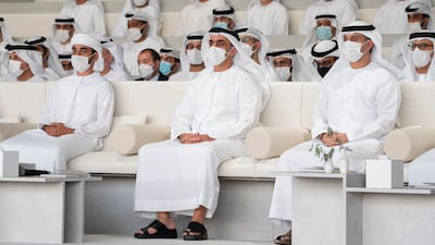 Sheikh Saif bin Zayed, Deputy Prime Minister and Minister of Interior , attends the second lecture of the Majlis Mohamed bin Zayed Ramadan series along with Ahmed Al Falasi, Minister of State for Higher Education . Mohamed Al Hammadi / Ministry of Presidential Affairs