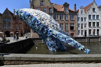 A 12-metre installation depicting a whale, made up of five tonnes of plastic waste pulled out of the Pacific Ocean displayed in Bruges. AFP