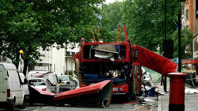 A front view of the bus which was destroyed by a suicide bomber in London on July 7th, 2005. (AP Photo / Dylan Martinez)