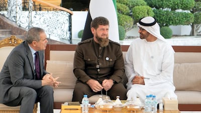 Sheikh Mohamed bin Zayed speaks with Ramzan Kadyrov during a Sea Palace barza. Rashed Al Mansoori / Ministry of Presidential Affairs