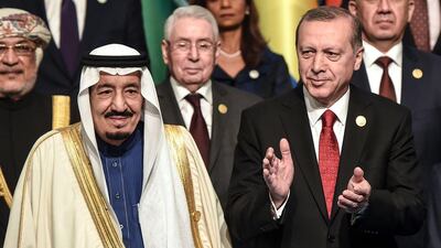 King Salman of Saudi Arabia with Turkish president Recep Tayyip Erdogan during the OIC Summit in Istanbul yesterday. Ozan Kose / AFP