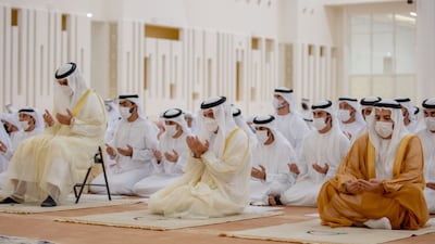 Sheikh Saud bin Saqr Al Qasimi, UAE Supreme Council Member and Ruler of Ras Al Khaimah, and Sheikh Mohammed bin Saud bin Saqr Al Qasimi, Crown Prince of Ras Al Khaimah, perform Eid Al Adha prayers at the Sheikh Khalifa bin Zayed Grand Mosque in Al Riffa, Ras Al Khaimah. Wam