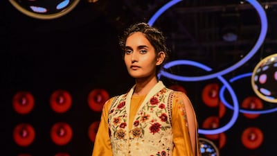 A model presents a creation by Chandrima during Lakme Fashion Week summer/resort 2020 in Mumbai, India, on February 12, 2020. AFP