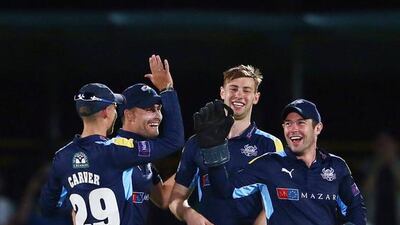 Yorkshire Vikings celebrate during their Emirates Airline T20 Cup final against Lancashire Lightning in Dubai on Friday night. Francois Nel / Getty Images