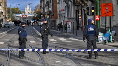 Belgian police at the Brussels site where two officer were stabbed on November 11, 2022. AP