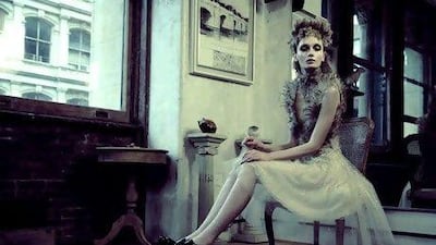 Dress, Georges Chakra Couture. Tights, stylist's own. Shoes, Burberry. Headpiece, hairstylist's own.