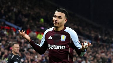 Aston Villa's Morgan Rogers celebrates scoring their second goal against Manchester United. Reuters