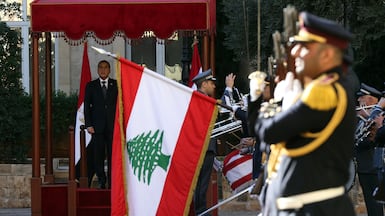 Egyptian Prime Minister Mostafa Madbouly and Lebanese Prime Minister Nawaf Salam review an honour guard at the Government Palace in Beirut last December. EPA