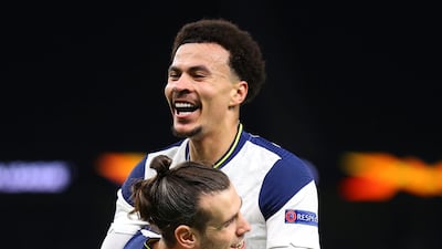 Tottenham's Gareth Bale, left, and Tottenham's Dele Alli celebrate the third goal against Wolfsberger. AP