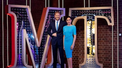 The Prince Harry and Meghan Markle waxworks stand in their new position in London. Reuters