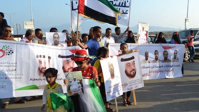 Residents of Aden stage a demonstration on Thursday to protest against the killing of Emirati serviceman Captain Hadif Humaid Al Shamsi in the city last week. Mohammed Al Qalisi / The National