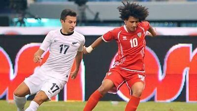UAE playmaker Omar Abdulrahman, right, evades the attention of New Zealand’s Costa Barbarouses during last night’s OSN Cup final in Riyadh.