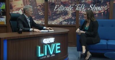 British comedian Rory Bremner interviews the Merrell Twins and Ms Dianna Cowern in a chat show format in front of a live audience in Dubai.