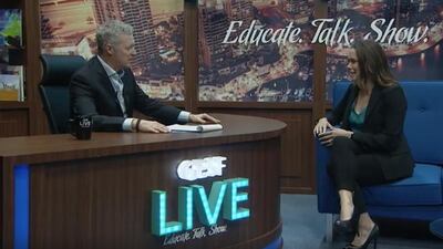 British comedian Rory Bremner interviews the Merrell Twins and Ms Dianna Cowern in a chat show format in front of a live audience in Dubai.