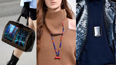 Fashion froward technology: from handbags you can watch, to headhones that double as a neckace and a wearable phone case. Supplied