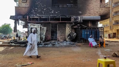 A burnt-out bank branch in southern Khartoum. AFP