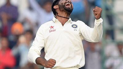 India's Ravindra Jadeja celebrates the fall of South Africa's last wicket to take victory in the first Test on Day 3 on Saturday in Mohali. Prakash Singh / AFP / November 7, 2015