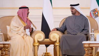 Saudi Arabia's Prince Muqrin bin Abdulaziz with President Sheikh Mohamed.