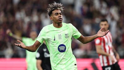 Barcelona forward Lamine Yamal celebrates scoring his team's second goal against Athletic Club in the Spanish Super Cup semi-final in Jeddah. AFP