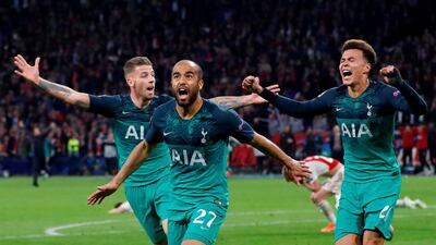 Tottenham's Lucas Moura celebrates scoring their third goal to complete his hat-trick with Dele Alli and Toby Alderweireld Action Images via Reuters/Matthew Childs