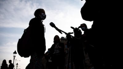 Greta Thunberg is interviewed during the protest. AFP