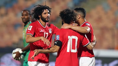 Mohamed Salah celebrates with teammate Mohamed Elneny after scoring for Egypt against Djibouti. EPA