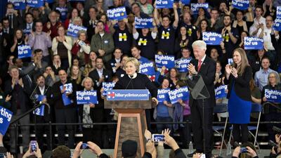 Hillary Clinton, former Secretary of State and 2016 Democratic presidential candidate, pauses as her husband Bill Clinton, former US president, and their daughter Chelsea Clinton look on during a primary night event in Manchester, New Hampshire. Clinton congratulated Senator Bernie Sanders on his victory in her concession speech in Hooksett and vowed to battle on, saying she knows how to get results voters are demanding. Daniel Acker / Bloomberg