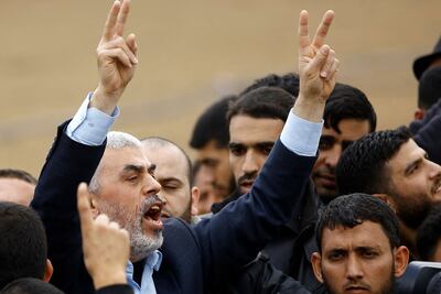 Hamas leader Yahya Sinwar in a defiant mood as he takes part in a tent city protest east of Jabalia in Gaza. AFP