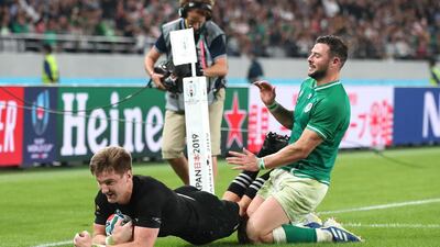 Jordie Barrett of New Zealand scores his team's seventh try during the Rugby World Cup 2019 Quarter Final match between New Zealand and Ireland at the Tokyo Stadium in Chofu, Tokyo, Japan. Getty Images