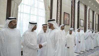 Sheikh Mohammed bin Zayed, Crown Prince of Abu Dhabi and Deputy Supreme Commander of the UAE Armed Forces, receives employees from Abu Dhabi National Oil Company (ADNOC) during an iftar reception at Al Bateen Palace. Mohamed Al Hammadi / Crown Prince Court - Abu Dhabi