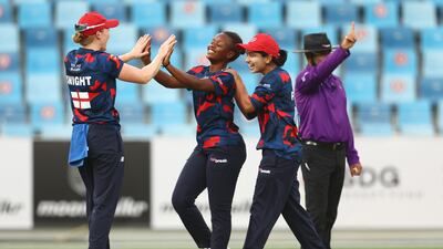 Henriette Ishimwe of Barmy Army reacts after dismissing Chamari Athapaththu of Falcons. Getty