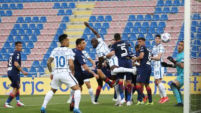 Inter's Romelu Lukaku watches his header hit the post. Getty