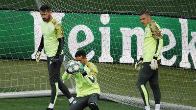 Soccer Football - Champions League - Manchester City Training - Metalist Stadium, Kharkiv, Ukraine - September 17, 2019 Manchester City's Claudio Bravo and Ederson during training REUTERS/Gleb Garanich