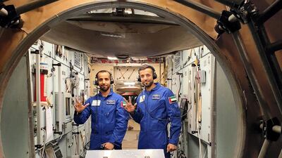 Sultan Al Neyadi and Hazza al Mansouri in training at the Russian Yuri Gagarin Center in preparation for a historic trip to the International Space Station on April 5, 2019.