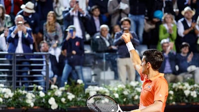 Novak Djokovic celebrates after winning his Italian Open semi-final match against Casper Ruud. EPA