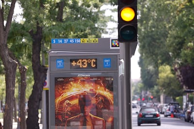 A digital thermometer reads 43°C on Paseo de la Castellana in July 2023 in Madrid, Spain. Getty Images