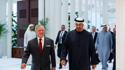 President Sheikh Mohamed and King Abdullah of Jordan pictured last month. Abdulla Al Bedwawi / UAE Presidential Court