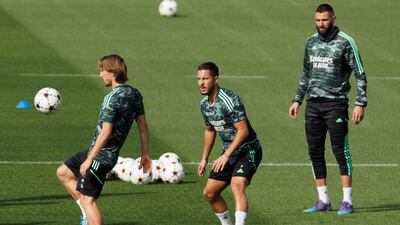 Left to right: Real Madrid's Luka Modric, Eden Hazard and Karim Benzema. EPA