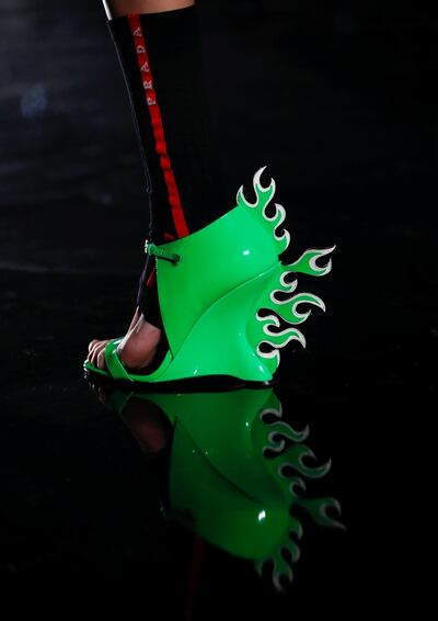 Famed shoes by Prada Autumn/Winter 2018 women collection during Milan Fashion Week in Milan, Italy February 22, 2018. REUTERS/Alessandro Garofalo