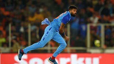 India's Hardik Pandya bowls against New Zealand. AFP