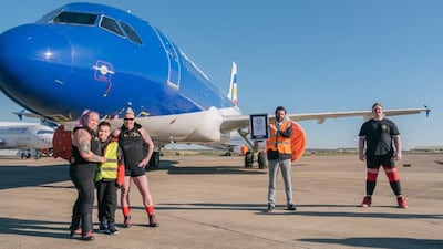 Two women from Wales smashed the record for the fastest pull of an A320 aircraft, towing the jet more than 20 metres in under a minute. Courtesy Guinness World Records