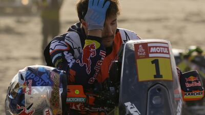 Sam Sunderland, pictured before starting Stage 4, is out of the Dakar Rally after complaining of back pains after a bad landing on a ditch. Ricardo Mazalan / AP Photo