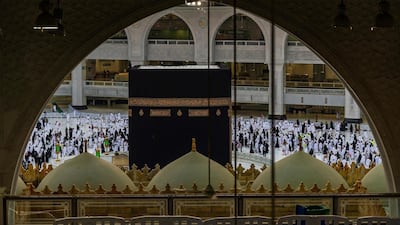 A view of pilgrims walking around Kaaba in circles as they perform Umrah at the Grand Mosque in Makkah, Saudi Arabia. SPA