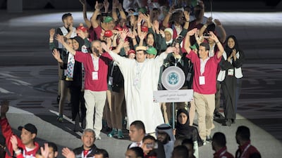 Athletes participate in a parade during the opening ceremony , the young adults with disabilities also took to the stage for an eight-minute musical piece to reflect inclusion. Hamad Al Mansouri / the Crown Prince Court